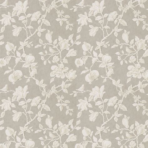 A large scale trailing floral motif of magnolia flowers and pomegranate with tonal and painterly effects. Shown here in the silver and linen colourway. Other colourways are available. Pastethewall product. Wide width product. French Floral Wallpaper, Cream Floral Wallpaper, Grey And Cream Wallpaper, Paper Lotus, Off White Wallpapers, Girly Nursery, Office Paint Colors, Linen Wallpaper, Magnolia Flowers