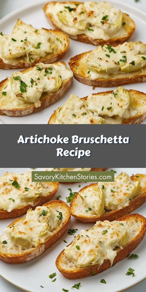 Craving a unique and delicious appetizer that impresses? This Artichoke Bruschetta Recipe is not only simple but bursting with flavor! Save this gem for your next gathering and watch your friends rave about this delightful dish! Italian Brushetta Appetizers, Toasted Bread Appetizers, Baguette Ideas Appetizers, Bread Hors D’oeuvres, Baguette Toppings Appetizers, Artichoke Bruschetta Recipes, Bruschetta Ideas Appetizers, Spreads For Bread Appetizers, Feta Cheese Recipes Party Appetizers