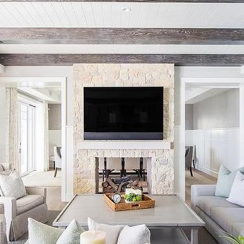 Country Living Room with Black Nailhead Wet Bar - Country - Living Room Fireplace Between Living And Dining, Beach House Tour, White Mantel, Two Sided Fireplace, Double Sided Fireplace, Open Plan Living Room, Living Room Goals, Country Living Room, Transitional Living Rooms