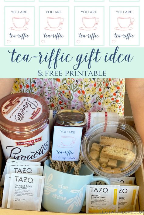 Tea-riffic Gift Idea- use this free printable to create a thoughtful gift. Whether for a friend, teacher or family member! Hot Tea Gift Basket Ideas, Christmas Tea Gift Ideas, Tea Party Gift Basket, Tea Gift Ideas Diy, Tea Gifts Ideas, Sweet Tea Gift Ideas, Tea Themed Gifts, Tea Teacher Gift, Tea Thank You Gift