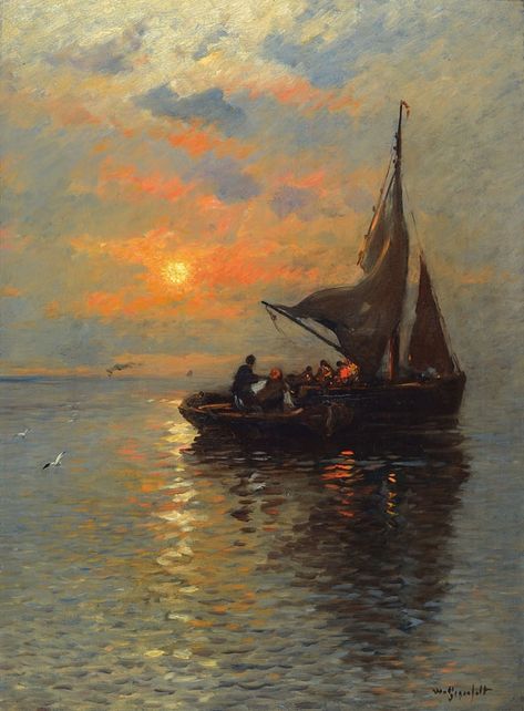 Wilhelm von Gegerfelt | Fishing boats at dawn | MutualArt Classical Realism, Sailing Art, Sailboat Art, Maritime Art, Marine Theme, Marine Art, Boat Art, Boat Painting, Sea Painting