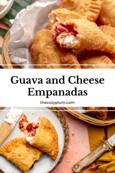 Guava and cheese empanadas are a tasty sweet and tangy treat! The empanada filling is made with tropical guava paste and cream cheese that gets stuffed inside of pre-made empanada dough discs and fried, air fried, or baked into a nice crispy texture. These 4-ingredient guava dessert empanadas are so easy to make and packed with delicious, rich flavor. Guava And Cream Cheese Pastelitos, Ham And Cheese Empanadas Recipes, Empanada Dessert Recipes, Puerto Rican Guava And Cheese, Sweet Empanadas Filling, Guava Pastry Recipe, Cuban Guava Pastries, Guava And Cheese Appetizers, Guava Desserts Easy