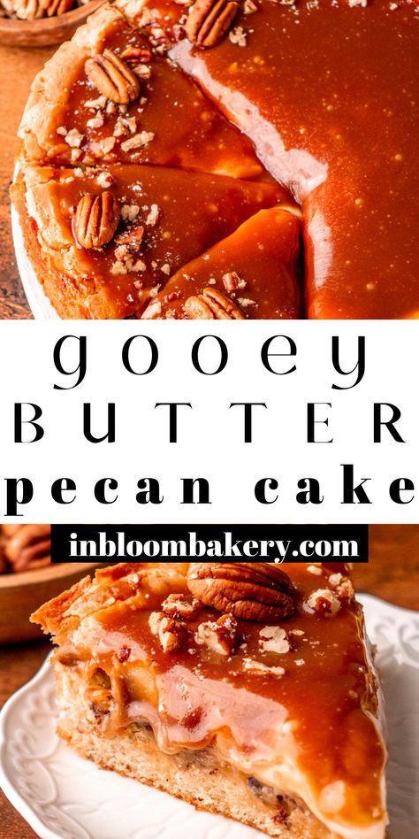 This is the best gooey butter pecan cake! It's a brown butter cake with a layer of buttered pecans, gooey cream cheese topping and salted caramel sauce. Each gooey bite is full of buttery flavor and totally melts in your mouth! Butter Pecan Caramel Pound Cake, Butter Pecan Glaze, Buttered Pecans, Brown Butter Cake, Butter Pecan Cheesecake, Bunt Cake Recipe, Caramel Pound Cake, In Bloom Bakery, Bloom Bakery