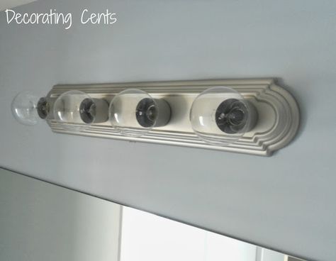 Decorating Cents: Spray Painted Bathroom Light Best Brushed Nickel Spray Paint, Spray Painting Faucets Bathroom, Spray Painting Fixtures, Spray Paint Faucet Bathroom, Spray Painting Bathroom Fixtures, Brushed Nickel Spray Paint, Spray Paint Vanity Light, Brushed Nickel Light Fixtures, Chrome Light Fixtures