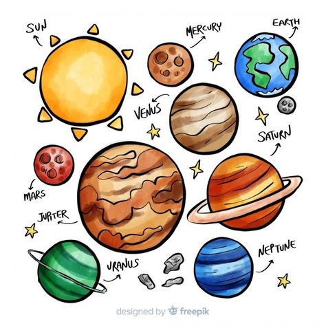 Classic hand drawn solar system composit... | Free Vector #Freepik #freevector #watercolor #hand #sun #sky Cute Drawings Space, Watercolor Solar System, Solar System Doodle, Solar System Drawing, Planets Drawing, Earth And Solar System, Tata Surya, Solar System Art, Planet Drawing