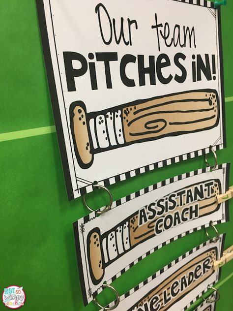 My Favorite Classroom Themes - Not So Wimpy Teacher Sports Themed Bulletin Boards, Team Classroom Theme, Sports Themed Classroom Ideas, Sports Theme Classroom Decorations, Baseball Theme Classroom, Baseball Classroom, Fraction Centers, Sports Bulletin Boards, School Sports Theme