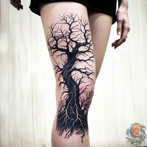 The Fascinating World of Tree Leg Tattoos – 50 Designs - inktat2.com Blackwork Tree Tattoo, Tree Thigh Tattoo Women, Dark Tree Tattoo, Spooky Tree Tattoo, Creepy Tree Tattoo, Old Tree Tattoo, Black Tree Tattoo, Poison Tree Tattoo, Tree Thigh Tattoo