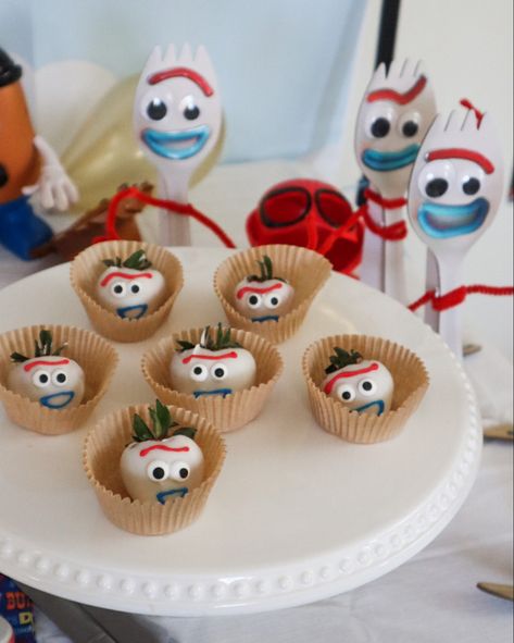 Toy Story themed birthday party food and decor, Easy DIY Forky chocolate covered strawberries, toy story birthday party, Disney birthday, two infinity and beyond, toy story 4, build your own forky kit, diy forky kit, kids birthday party games, birthday party appetizers, birthday party desserts Toy Story Theme Shirts, Buzz Lightyear Strawberries, Toy Story Birthday 2 Infinity And Beyond, Toy Story Themed Strawberries, Buzz Lightyear Two Infinity And Beyond, Two Infinity And Beyond Birthday Desserts, Toy Story Birthday Party Desserts, Pixar Themed Party, Diy Two Infinity And Beyond Birthday