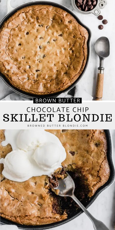 A ridiculously delicious ooey gooey brown butter chocolate chip skillet blondie made with one bowl, a handful of simple ingredients, and just twenty minutes of oven time. The perfect dessert to share with friends. Skip the plates, grab some spoons and dig in! Brown Butter Skillet Cookie, Skillet Blondie, Dessert Skillet, Skillet Dessert, Blondie Recipes, Skillet Desserts, Skillet Brownie, Brown Butter Chocolate Chip, Fudgy Brownie Recipe