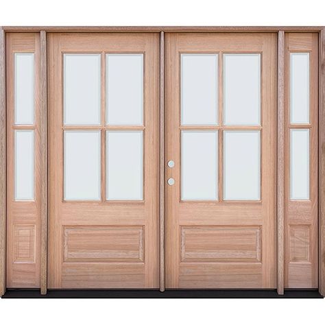 4-Lite Low-E Mahogany Prehung Wood Double Door Unit with Sidelites Cheap French Doors, Bedroom Patio Doors, Wood Double Door, French Doors To Deck, Double Patio Doors, Mahogany Door, Mahogany Wood Doors, Double Front Entry Doors, Glass Sliding Door