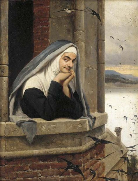 funny \Mr. Bean \ Rowan Atkinson \ Eugen von Blaas - A nuns flight of fancy \ face \ photoshops \ Classic Painting \ Art Edward Robert Hughes, Antoine Bourdelle, Pre Raphaelite, Classic Paintings, Old Paintings, Catholic Art, Ethereal Art, Classical Art, Alam Yang Indah