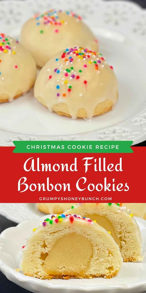 These almond-filled cookies feature a buttery shortbread dough wrapped around sweet almond paste, then dipped in a smooth almond glaze and topped with sprinkles. Perfectly rich and nutty, they’re a delightful treat for any occasion! Bonbon Cookies, Cookie Biscuits, Almond Paste Cookies, Almond Paste Recipes, Danish Cookies, Almond Glaze, Biscuits Recipes, Holiday Platters, Buttery Shortbread