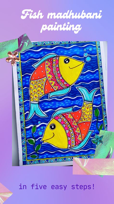 Fish Painting Tutorial, Fish Madhubani Painting, Madhubani Fish, Painting Madhubani, Mithila Painting, Folk Painting, Painting For Beginners, Madhubani Art, Madhubani Painting