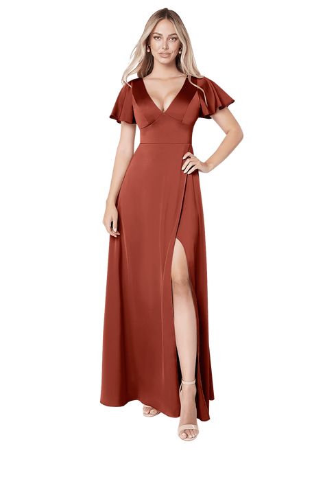 Let your girls have memorable moments wearing our stretch satin A-line gown, Lani. She has a clean V-neckline that sits atop an empire waistband. Her flutter sleeves compliment the strap detail on the partial illusion back. Her slim A-line bridesmaid dress flares beautifully with every step. Teracotta Dress, Terra Cotta Bridesmaid Dresses, Terracotta Bridesmaid Dresses, Terracotta Bridesmaid Dress, Terracotta Bridesmaid, Fall Bridesmaid, Military Ball Gowns, Rust Bridesmaid Dress, Bridesmaid Dresses Satin