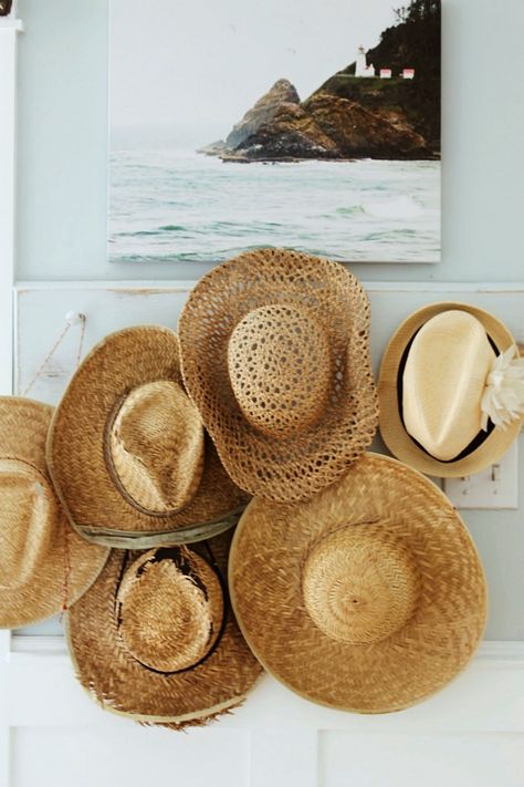 The Story Behind my Straw Hats Tropical Curtains, Wicker House, Farmhouse Coastal, Coastal Beach House, River Cottage, Hat Display, Hat Hanger, Farmhouse Look, Small Palms