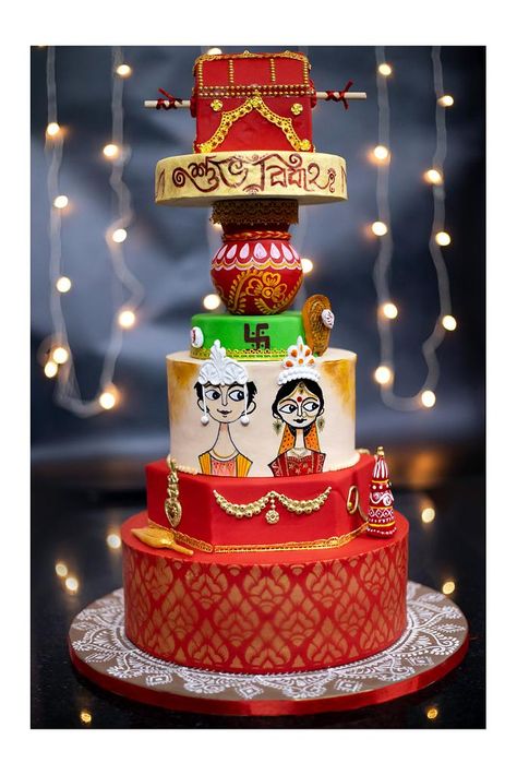 Bengali wedding - cake by Joyeeta lahiri - CakesDecor Bengali Wedding Cake Designs, Bengali Wedding Cake, Bengali Wedding Decor, Bengali Wedding Decoration, Wedding Cake Indian, Indian Cakes, Marriage Cake, Bengali Marriage, Red Banarasi Saree