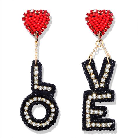 PRICES MAY VARY. Fun Love letter Beaded Earrings:Stunning Love Lettered Earrings! Asymmetric handmade LOVE letter earrings, these cute mismatched heart earrings are a pretty flashy statement piece that celebrate love. They're fun to wear and make a perfect valentines gifts for her or for your friends. The best of all is they are really light weight so you won't even feel them.  Size and Material :Our Bohemia mismatched love lettered heart earrings length: 2.7”Lx1.7”W. Weight: 0.2oz/6g each. Made Heart Beaded Earrings, Valentines Day Jewelry, Valentine Earrings, Red Love Heart, Valentines Earrings, Letter Earrings, Red Love, Handmade Heart, Earrings Cute