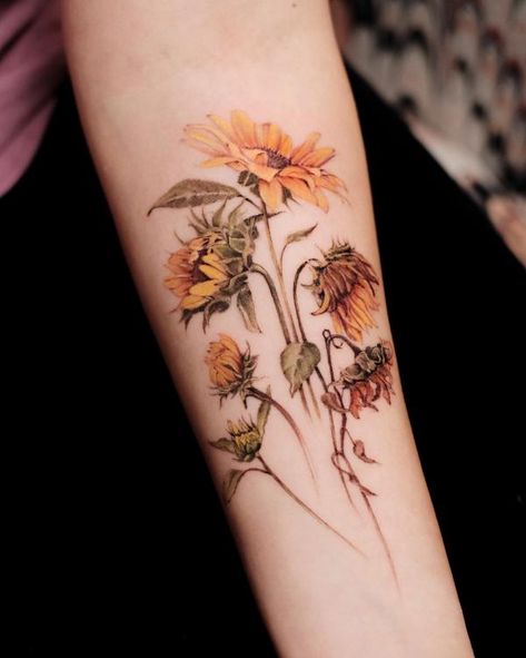 180 Inspirational Sunflower Tattoos with Meaning | Art and Design Wilting Sunflower Tattoo, Wilted Sunflower Tattoo, Sunflower Seed Tattoo, Wilting Flowers Tattoo, Thigh Tattoos Women Sunflower, Wilted Flowers Tattoo, Wilting Flower Tattoo, Sunflower And Daisy Tattoo, Sunflower Vine Tattoo