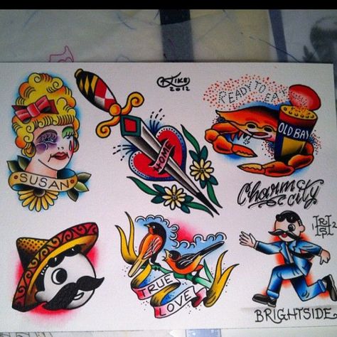 B'more icons Higgs Tattoo Flash, Dan Higgs, Stallion Tattoo, Maryland Tattoo, Traditonal Tattoo, Sailor Jerry Tattoos, Tattoo Board, Tattoo Flash Sheet, Old School Tattoo Designs