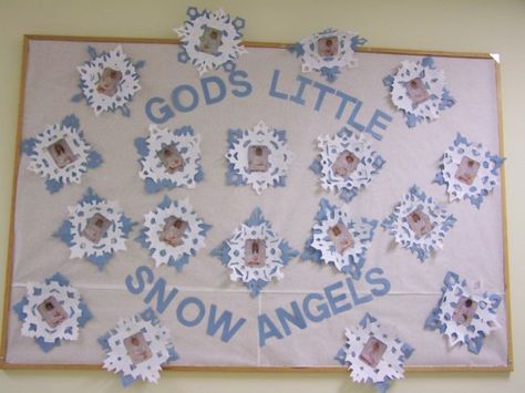 take pics of them doing snow angels outside, make snowflakes... Religious Bulletin Boards, Snowman Activity, December Bulletin Boards, Winter Bulletin Board, Christmas Bulletin Boards, Christian Bulletin Boards, Car Seat Bag, Prek Crafts, January Bulletin Boards