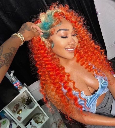 Orange Hairstyles, Bday Hairstyles, Colourful Wigs, Orange Ombre Hair, Colored Hairstyles, Cute Wigs, Colorful Wig, Hair Yellow, 360 Lace Wigs