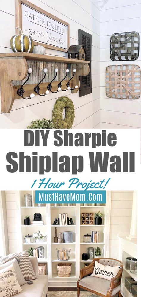 This DIY Shiplap wall will give you the farmhouse decor look you love without the expensive price tag. Use a sharpie marker to create this Sharpie shiplap wall! Shiplap Wall Farmhouse, Diy Ship Lap, House Projects Diy, Sharpie Shiplap, Diy Shiplap Wall, Shiplap Wall Diy, Wall Fireplace, Ship Lap, Shiplap Wall