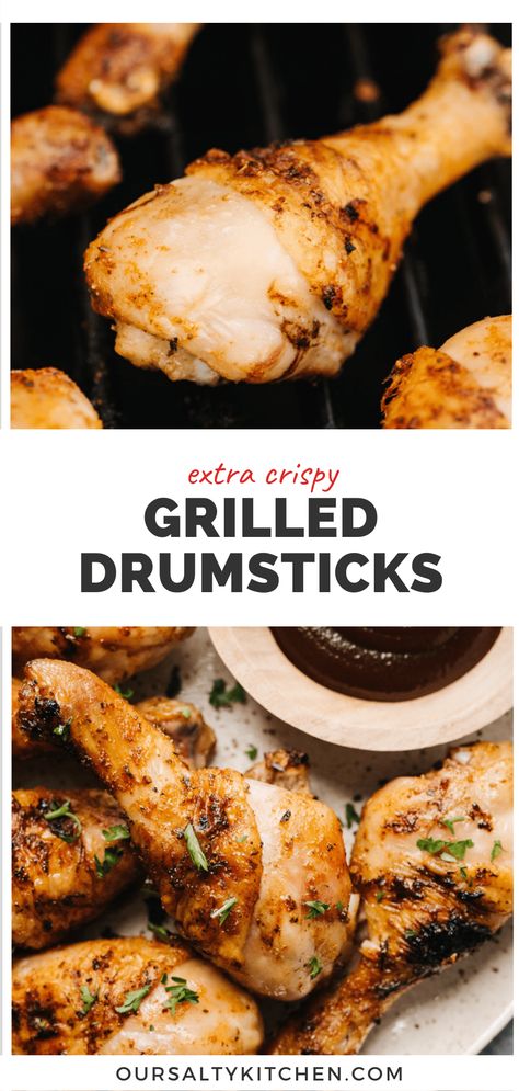 Grilled chicken drumsticks are a summertime must-make for so many reasons. For one, they're incredibly economical. For two, it's so easy to make them perfectly every single time - they're a great grilling recipe for beginners! There's one simple trick for extra crispy skin - baking powder! We swear by this for extra crispy grilled chicken pieces. Click for all the details and learn how to grill chicken legs for perfect dinners all summer long. Chicken Legs On Grill Recipes, Chicken Drummies On The Grill, Grilled Chicken Pieces Recipes, Chicken Drumstick Grill Recipes, Crispy Grilled Chicken Wings, Grilling Drumsticks, Chicken Drumstick Marinade For The Grill, Grilled Drumstick Chicken Recipes, Grilled Chicken Legs Recipes