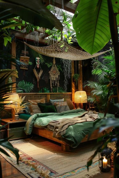 Modern Forest Bedroom, Jungle Maximalist Bedroom, Airbnb Theme Room Ideas, Moody Jungle Bedroom, Jungle House Decor, Rainforest Home Decor, Rainforest Aesthetic Bedroom, Jungle Theme Room Ideas, Boho Bedroom Lighting Ideas