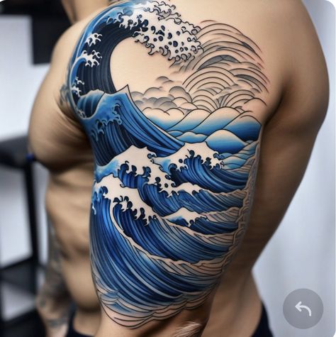 Reflection In Water Tattoo, Great Wave Tattoo, Wave Tattoo Sleeve, Water Tattoos, Ocean Wave Tattoo, Japanese Wave Tattoos, Reflection In Water, Wave Tattoo Design, Father Daughter Tattoos