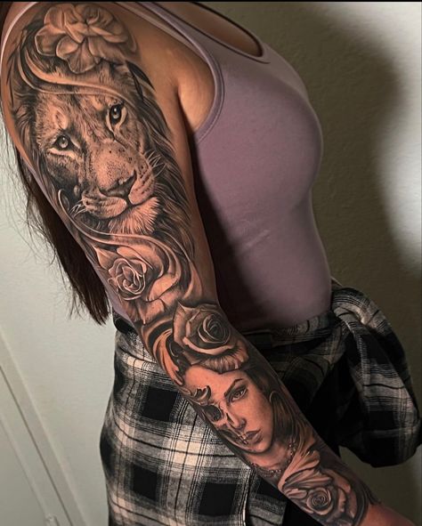 Women’s Lion Sleeve Tattoo, Lion Arm Sleeve Tattoos For Women, Lion Half Sleeve Tattoos For Women, Leo Sleeve Tattoos For Women, Lion Arm Tattoo Women, Half Lion Half Woman Tattoo, Lion Sleeve Tattoo Woman, Women Arm Sleeve Tattoo, Leo Tattoo For Women