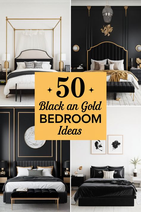 Black and gold bedroom decor brings a touch of elegance and luxury to any space. Get inspired by these ideas for a glamorous and sophisticated bedroom. Explore rich black walls, gold accent furniture, and elegant metallic decor.  Find inspiration for gold-framed artwork, black velvet curtains, and chic gold lighting fixtures. These black and gold bedroom ideas for women and couples will elevate your bedroom. Black And Gold Bedding, Black And Gold Bedroom Decor, Gold Bedroom Design, Black And Gold Bedroom Ideas, Black Velvet Curtains, Gold Accent Furniture, Gold Striped Wallpaper, Black And Gold Bedroom, Closet Doors Painted