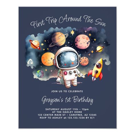 Create your own Outerspace Planets Blue 1st Birthday invitation! Personalize this design with your own text. You can further customize this design by selecting the "Edit Details" button if desired. Custom Party Invitations, 2nd Birthday Invitations, 1st Birthday Invitation, Birthday Flyer, Boy Birthday Invitations, Planet Blue, 1st Birthday Invitations, Birthday Invitations Kids, First Birthday Invitations