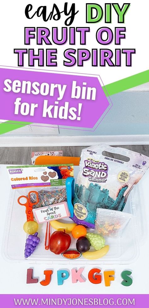 Religious Sensory Bin, Fruit Of The Spirit Sensory Bin, Bible Sensory Activities, Sunday School Sensory Bins, Christian Sensory Bin, Bible Sensory Bins, Fruit Sensory Bin, Fruit Of The Spirit Activity, Busy Bins