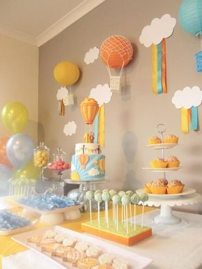 Hot Air Baloon Party | Craftsy Hot Air Ballon Party, Paper Clouds, Hot Air Balloon Party, Dr Seuss Baby Shower, Ballon Party, Idee Babyshower, Dessert Party, Boy Baby Shower Themes, Baby Birthday Party