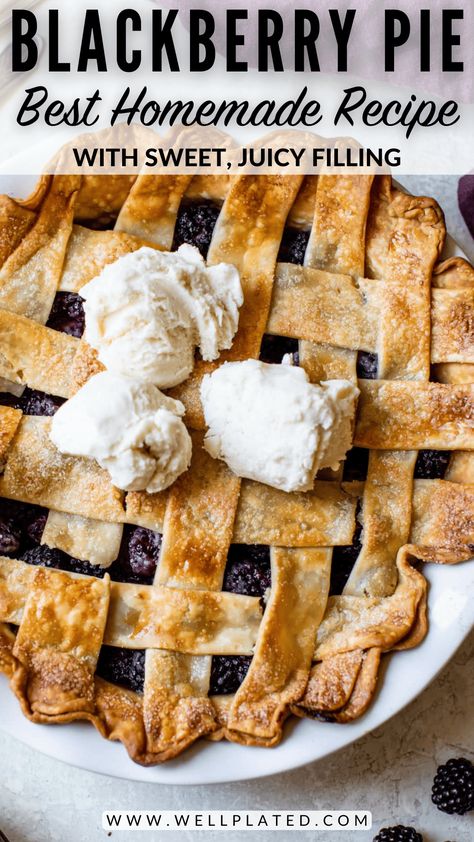 With a flaky, buttery crust and lots of juicy berries, this blackberry pie recipe is a classic summer dessert. Just add a scoop of ice cream! Blackberry Pie Recipe, Blackberry Filling, Whole Wheat Pie Crust, Pie Crust Shield, Well Plated, Scoop Of Ice Cream, Blackberry Pie, Pie Filling Recipes, Favorite Pie