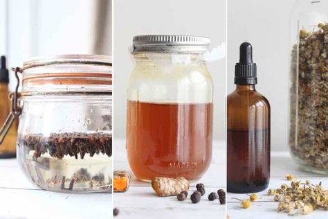 A close up of three tinctures for pain in glass bottles - clove tincture, turmeric tincture, and chamomile tincture. Clove Tincture, Turmeric Tincture, Diy Tinctures, Chamomile Tincture, Apothecary Recipes, Medicine Recipes, Herbal Vinegar, Tinctures Recipes, Homemade Alcohol