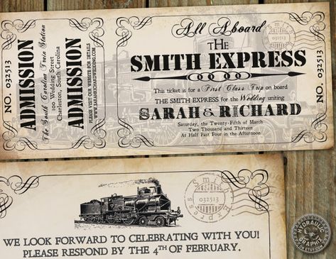 victorian train ticket | inspired Train Ticket Invitation for wedding or birthday at train ... Vintage Train Ticket, Train Ticket Invitations, Train Station Wedding, Invitation For Wedding, Ticket Wedding Invitations, Train Ticket, Train Theme, Wedding Countdown, Travel Theme Wedding