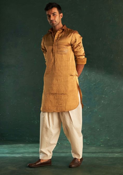 Charkhee Men-Gold Tissue Kurta And Salwar-INDIASPOPUP.COM Tissue Kurta, Pathani For Men, White Salwar, Stylish Boy Clothes, College Outfits Men, Collar Kurta, Pathani Kurta, Kurta Shirt, Sleeveless Kurta