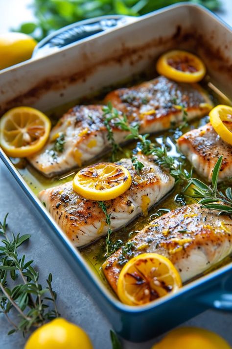 Mediterranean Herb and Lemon Baked Branzino - Cooking Mediterranean Greece Meals, Healthy Seafood Recipes Mediterranean Dishes, Mediterranean Seafood Recipes, Dinner Recipes Mediterranean, Branzino Fish Recipe, Mediterranean Fish Recipes, Meditranian Diet, Baked Branzino, Mediterranean Buffet