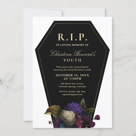 Coffin Party RIP Youth Invitation  Zazzle Rip 20s, Roses Gothic, Memorial Service Invitation, Halloween Wedding Invitations, Box Invitations, Coffin Box, Gothic Halloween, Halloween Wedding, Free Birthday Invitations