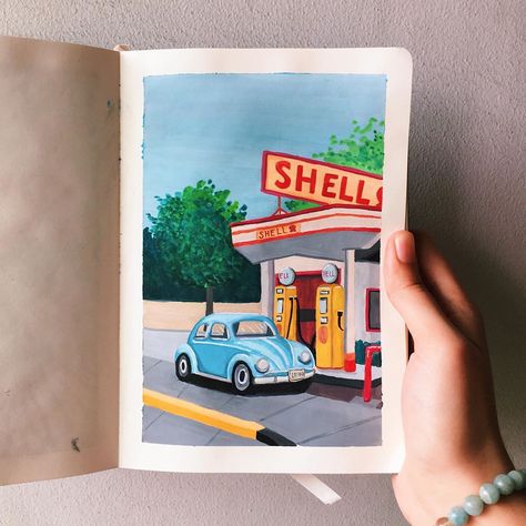 @emma.wtj on Instagram: “day 28/100. 🚙⛽️ ‘I don’t know where I’m going from here, but I promise it won’t be boring’ - - - - - - - - - - - - - - image reference from…” Highway Sunset, Gouache Illustrations, Posca Art, Canvas Painting Tutorials, Gouache Art, Abstract Art Painting Diy, Seni Cat Air, Small Canvas Art, Arte Inspo