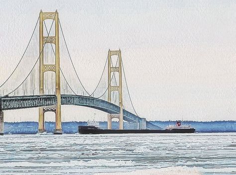 Mackinac Bridge Tattoo, Bridge Tattoo, Bridge Drawing, Bridge Painting, Mackinac Bridge, Mackinac Island, Folk Art Painting, S Tattoo, Bay Bridge