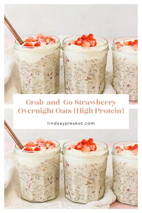 These quick and easy strawberry overnight oats with Greek yogurt are a game-changer for busy mornings! With simple ingredients like Greek yogurt, hemp hearts, chia seeds and oats, this balanced protein and fiber packed breakfast supports balanced blood sugars to keep you nourished and energized throughout the morning. And did I mention they are soo creamy and delicious?! Enjoy! #makefoodfeelgood Chia Seed And Yogurt Recipes, Overnight Oats With Yogurt And Chia, Chia Seed Greek Yogurt, Rolled Oats Recipe Overnight, Overnight Oats Greek Yogurt, Overnight Oats High Protein, Strawberries And Cream Overnight Oats, Chia Seed Overnight Oats, Overnight Oats With Chia Seeds