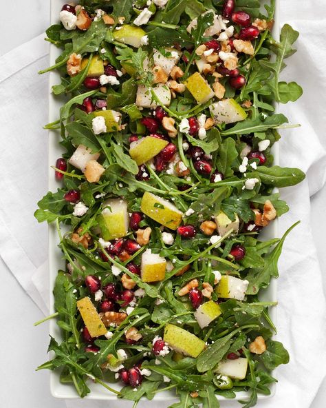 Pear Pomegranate Arugula Salad | Last Ingredient Pear Gorgonzola Salad, Pear Gorgonzola, Fall Salads, Gorgonzola Salad, Salad With Pomegranate, Orange Vinaigrette, Arugula Salad Recipes, Satisfying Salads, Pomegranate Salad