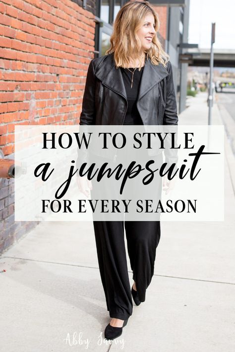 How to style a jumpsuit for any season #jumpsuit #fashion Black Long Sleeve One Piece Outfit, Jacket With Jumpsuit Outfit Wedding, Styling A Jumpsuit For Winter, Accessorize Jumpsuit, How To Wear A Black Jumpsuit, Black Jumpsuit Winter Outfit, Jumpsuit With Jacket Outfit, How To Dress Up A Black Jumpsuit, What To Wear With A Jumpsuit