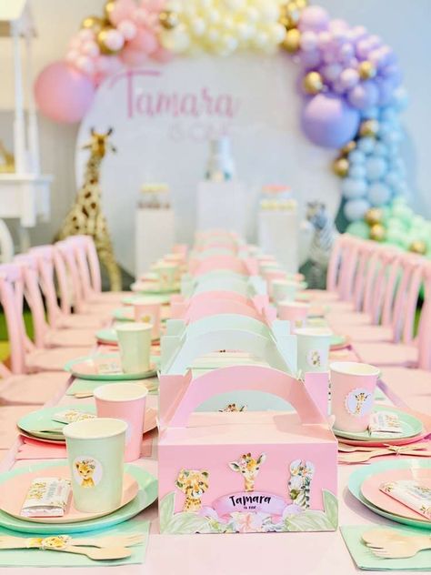 Pastel Themed Safari 1st Birthday | CatchMyParty.com Safari Birthday Party Ideas, Giraffe Birthday Parties, Safari 1st Birthday, Safari Birthday Party Decorations, Jungle Party Decorations, Birthday Party Decorations For Adults, Princess Baby Shower Invitation, Animal Theme Birthday, Wild Birthday Party