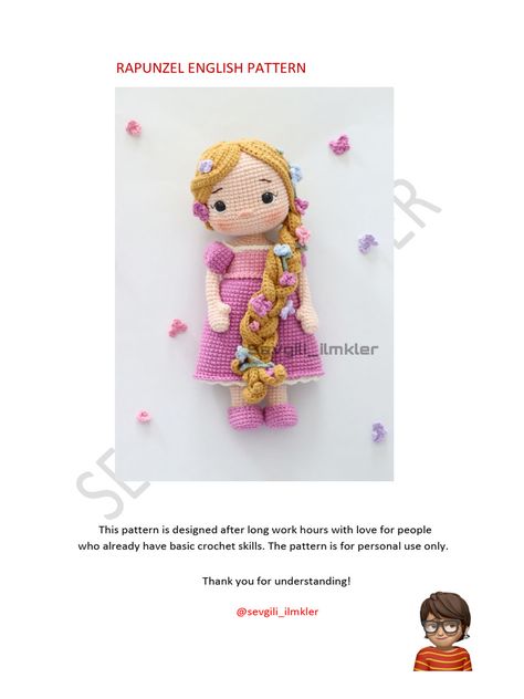 Crochet Rapunzel Doll, Rapunzel Crochet Pattern Free, Rapunzel Amigurumi, Rapunzel Crochet, Japanese Crochet Patterns, Rapunzel Doll, Disney Crochet Patterns, Hello Kitty Crochet, Doll Patterns Free