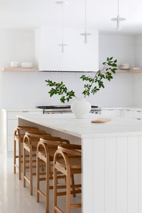 Modern Kitchen Counter Stools, White Kitchen Counters, Modern Kitchen Counters, White Wood Kitchens, Hampton Home, The Shade Store, Island Stools, Modern Counter Stools, Wood Counter Stools