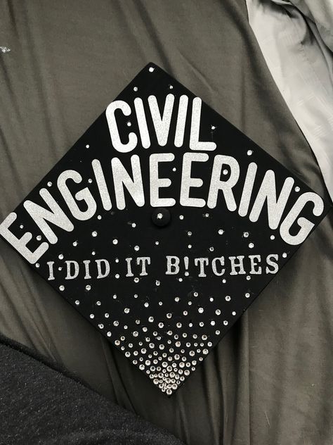 Girly Graduation cap decoration civil engineer engineering sparkly rhinestones Girly Graduation Cap, Diy Grad Cap, Funny Graduation Caps, Graduation Cap Decoration Diy, College Graduation Cap Decoration, Grad Cap Designs, Grad Party Decorations, Cap Decoration, Grad Photoshoot