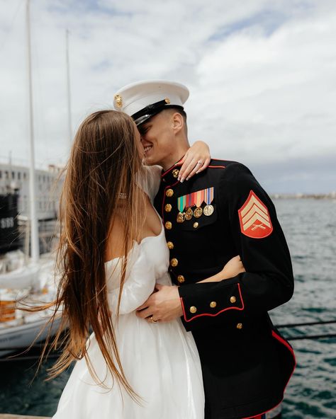 my favorite part about photographing this sweet elopement was watching tourists at the harbor take pictures of Chloe & Caedon because it felt like they were witnessing a scene out of the movie Purple Hearts in real life! I mean, the dress blues, her dress, are you kidding?! A classic San Diego military love story 🇺🇸🥹🫶🏼 • • #militarycouple #campendletonphotographer #homecomingphotographer #sandiegomilitary #socalweddingphotographer #socalengagement #socalwedding #socalproposal #socalcouplesp... Marine Photoshoot, Coast Guard Wedding, Marine Corps Wedding, Marine Photography, Military Guys, Marine Girlfriend, Future Relationship, Marine Wedding, Marines Girlfriend